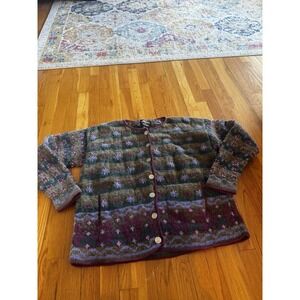 Vintage Lost Horizons Wool Floral Cardigan Handknit Buttons L Nordic Fair Isle